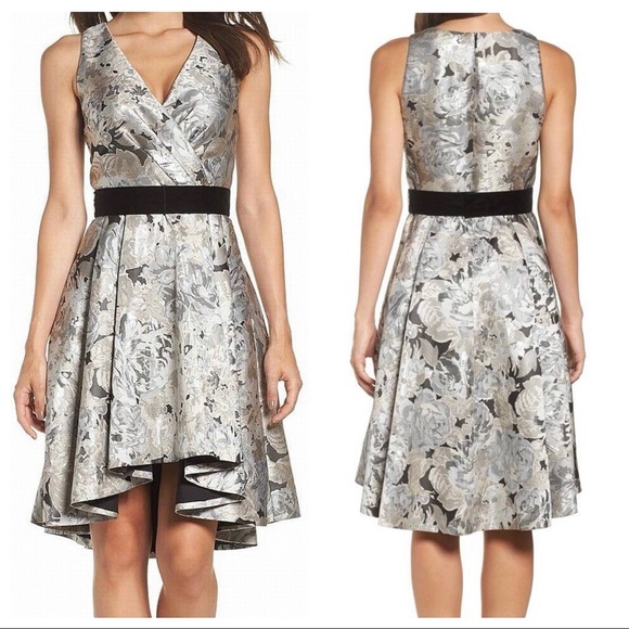 silver metallic dress one shoulder One Shoulder Brocade Metallic Floral A-Line Gown